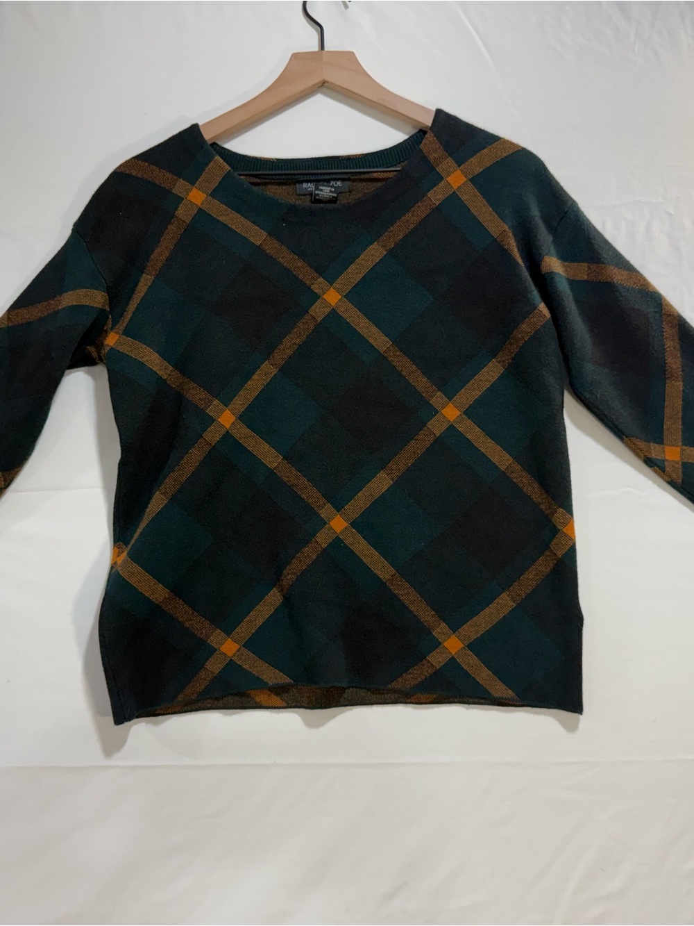 Rachel Zoe Dark Green Crewneck Sweater with Brown Plaid